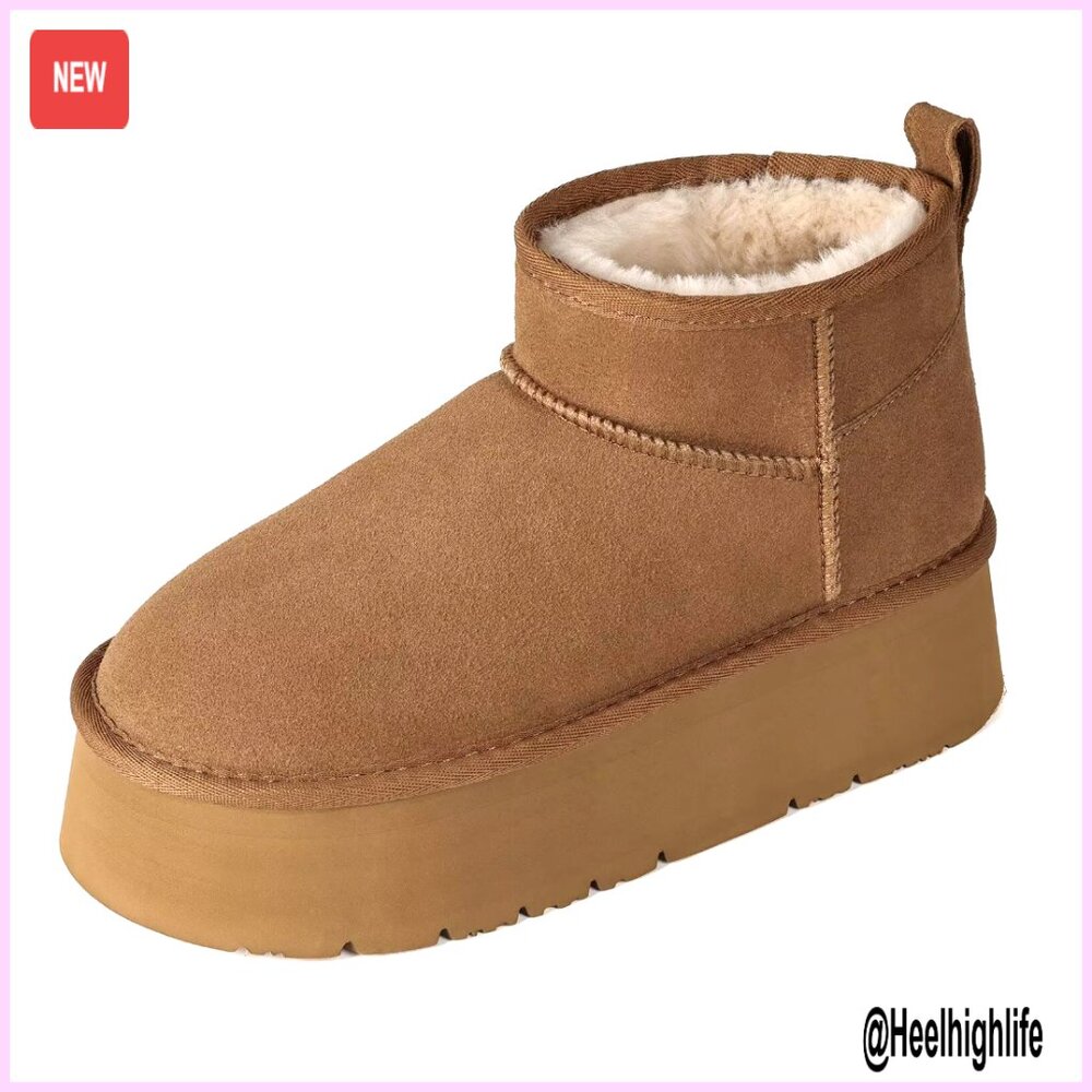Genuine Suede Ankle Boots With Faux Fur Lining, Chunky Heel, Winter Snow Boots